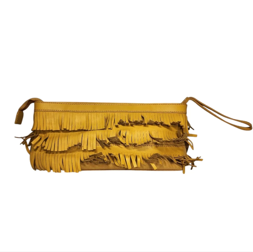 Kate Spade dark yellow fringe leather hippie boho soho clutch wristlet handbag‎
